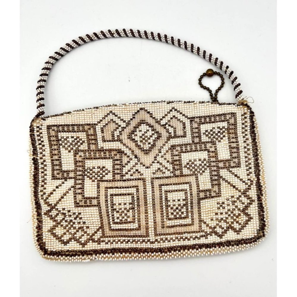 Vintage Art Deco Beaded Purse Bag Czechoslovakia Cream Brown Geometric Patterns - Picture 3 of 6